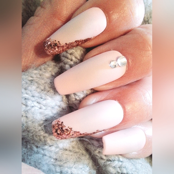 Press On Nails 24p Made To Order Long Coffin Say Yes Matte Blush Pink Rhinestone - Picture 1 of 7